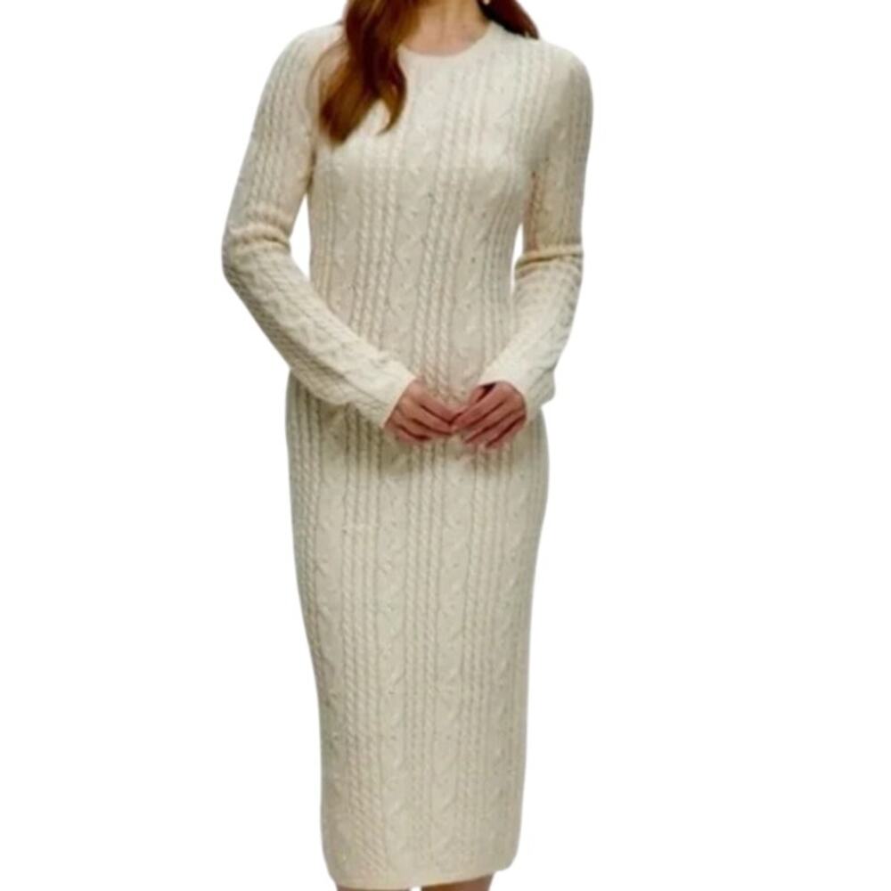 House of Harlow 1960 Cream Cable-Stitch Midi Sweater Dress